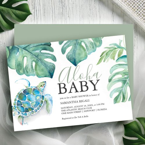 Tropical Sea Turtle Monstera Leaves Baby Shower Invitation