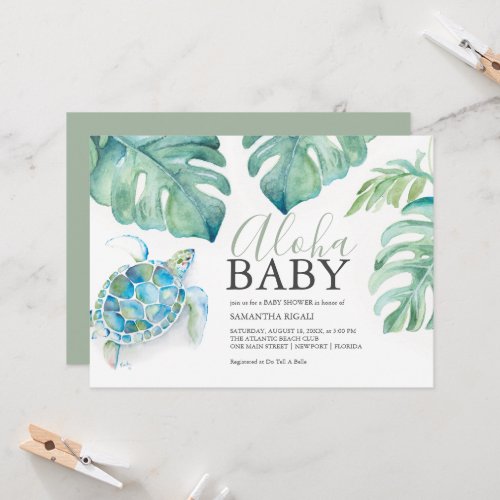 Tropical Sea Turtle Monstera Leaves Baby Shower Invitation