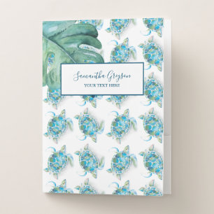 Tropical Sea Turtle Monstera Palm Leaves Trendy Pocket Folder