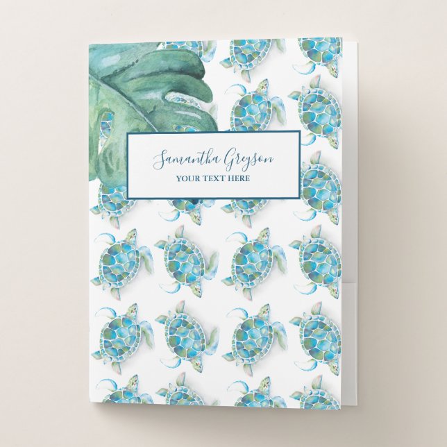 Tropical Sea Turtle Monstera Palm Leaves Trendy Pocket Folder (Front)