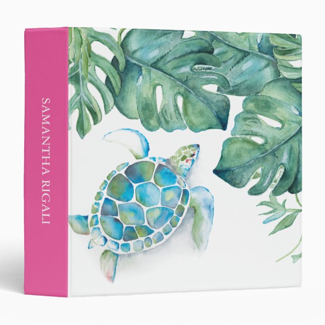 Tropical Sea Turtle Palm Leaf Elegant 3 Ring Binder (Front/Spine)