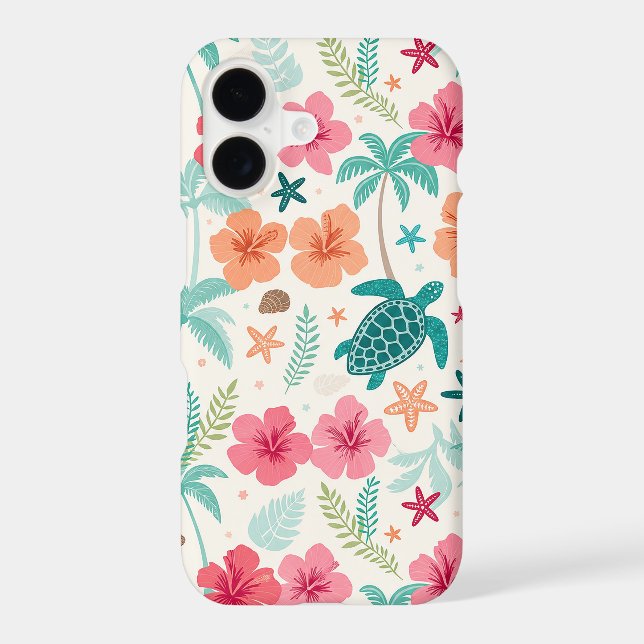 Tropical Sea Turtle Pattern | Hibiscus Palm Tree & iPhone Case (Back)