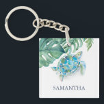 Tropical Sea Turtle Personalized Keychain<br><div class="desc">This inexpensive tropical key chain template showcases your name in navy blue, complemented by a top border featuring original watercolor sea turtle and monstera palm leaves by Victoria Grigaliunas. Perfect for adding a coastal touch to your keys, this custom key chain makes an ideal beach-themed housewarming gift or a thoughtful...</div>
