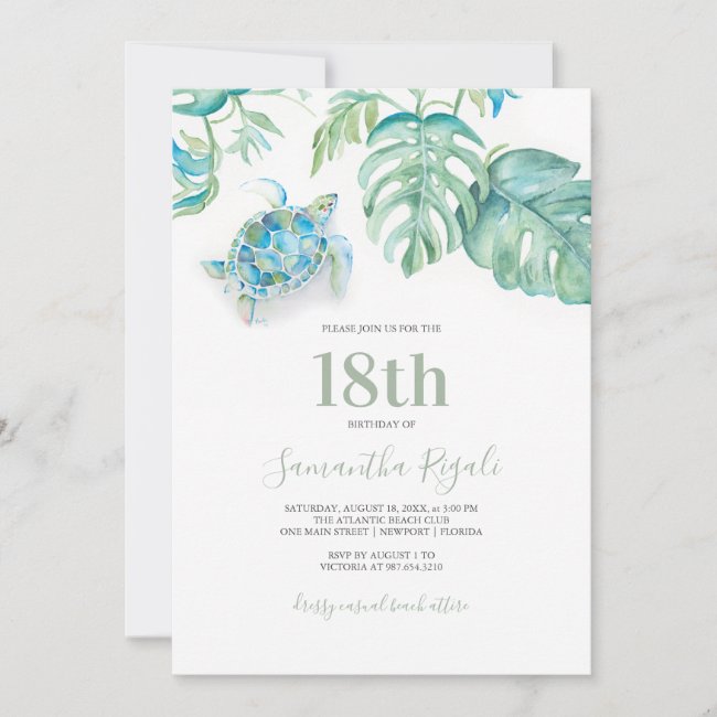 Tropical Sea Turtle Watercolor Birthday Invitation