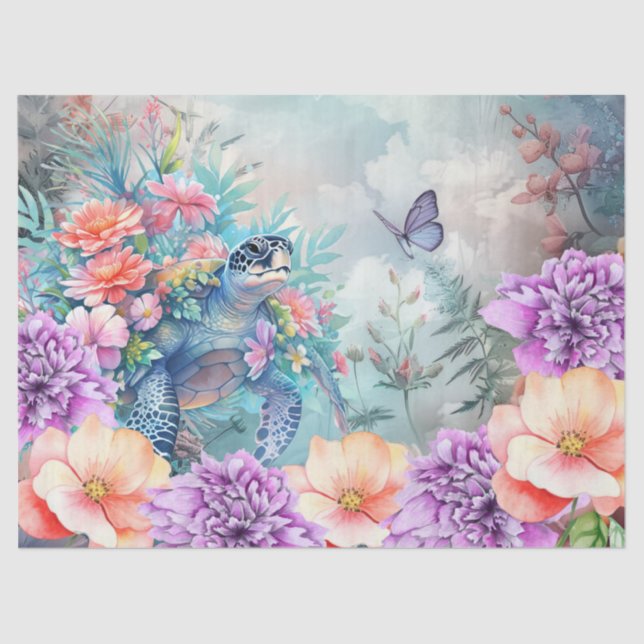 Tropical Sea Turtle & Watercolor Florals Tissue Paper (Front)