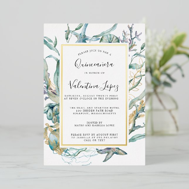 Tropical Sea Underwater Botanical Quinceanera Foil Invitation (Standing Front)