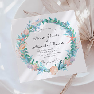 Tropical Sea Wreath Watercolor Beach Wedding Invitation
