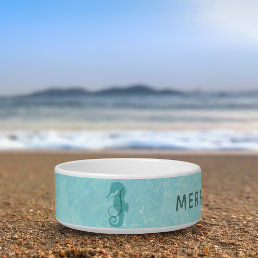 Tropical Seahorse Monogram Pet Name Aqua Blue Bowl