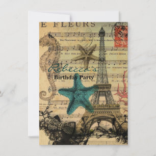 tropical seahorse seashells paris eiffel tower invitation
