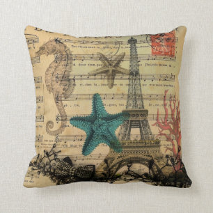 tropical seahorse seashells paris eiffel tower throw pillow