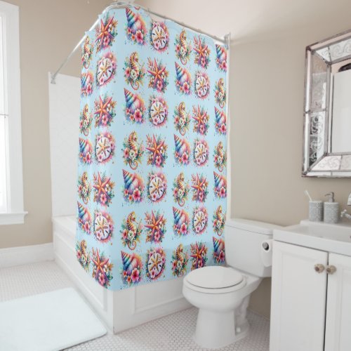 Tropical Seahorse Starfish Seashell Coastal Shower Curtain