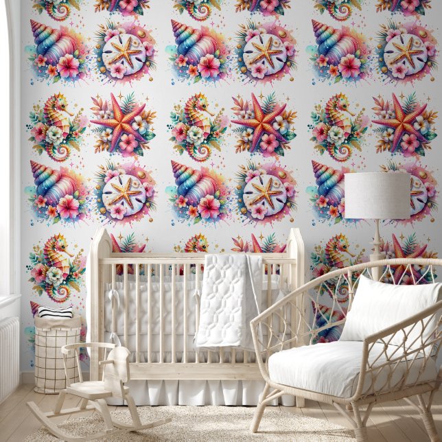 Tropical Seahorse, Starfish, Seashell Coastal Wallpaper (Kids)