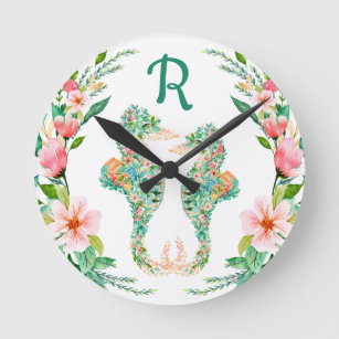 Tropical Seahorse Watercolor Floral Monogrammed Round Clock