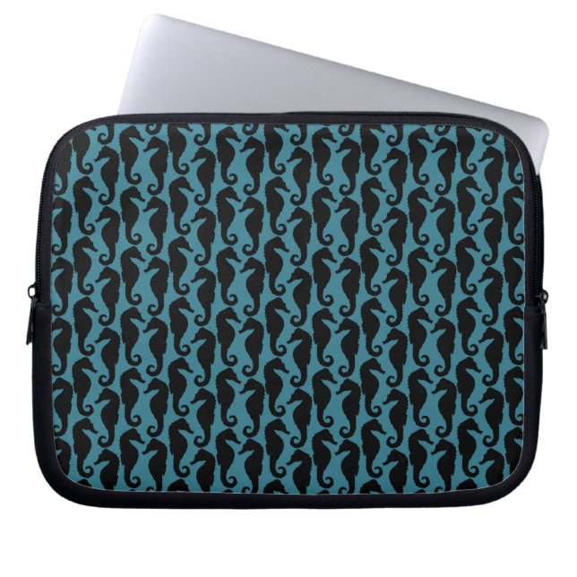 Tropical Seahorses, Seahorse Pattern - Blue Black Laptop Sleeve (Front)