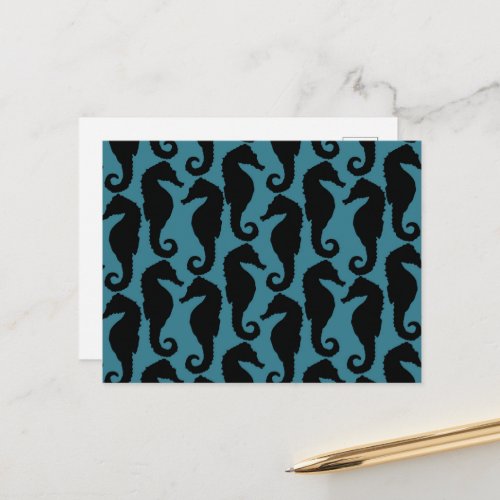 Tropical Seahorses Seahorse Pattern _ Blue Black Postcard