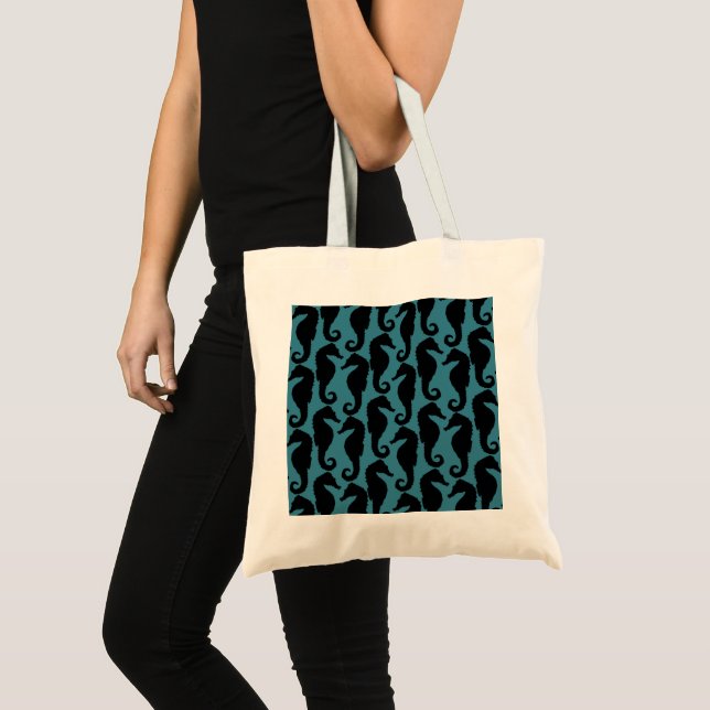 Tropical Seahorses, Seahorse Pattern - Blue Black Tote Bag (Front (Product))