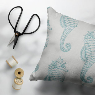 Tropical Seahorses, Seahorse Pattern - Blue Gray Accent Pillow