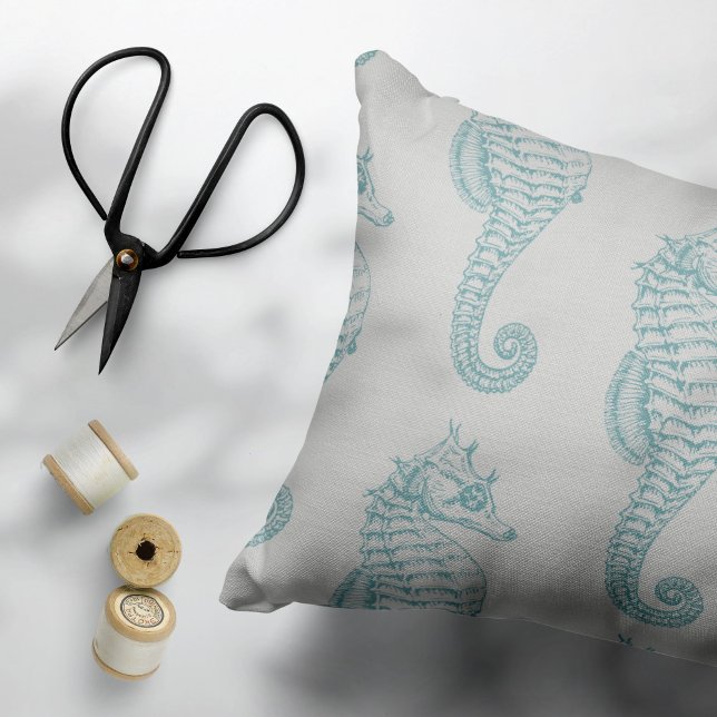 Tropical Seahorses, Seahorse Pattern - Blue Gray Accent Pillow (Creator Uploaded)