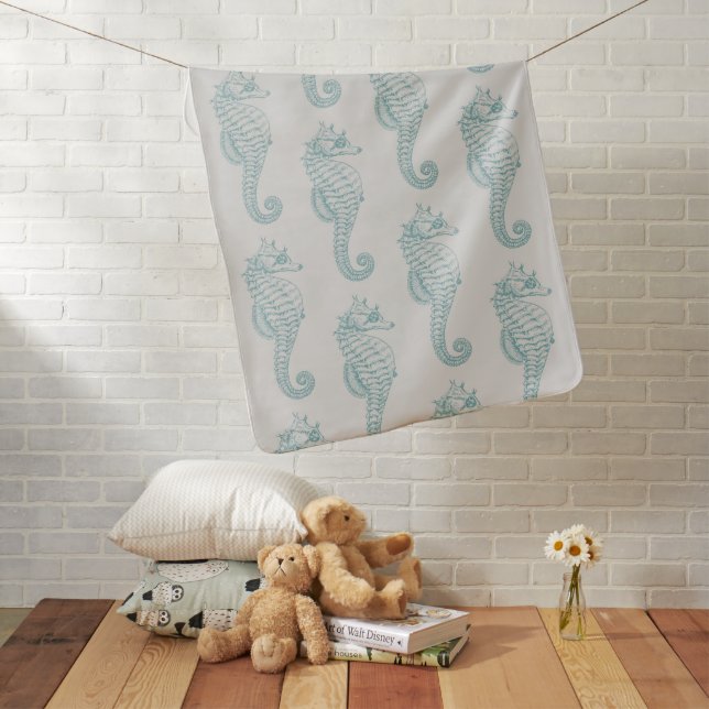 Tropical Seahorses, Seahorse Pattern - Blue Gray Baby Blanket (In Situ)