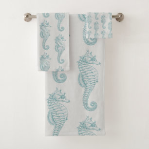 Tropical Seahorses, Seahorse Pattern - Blue Gray Bath Towel Set