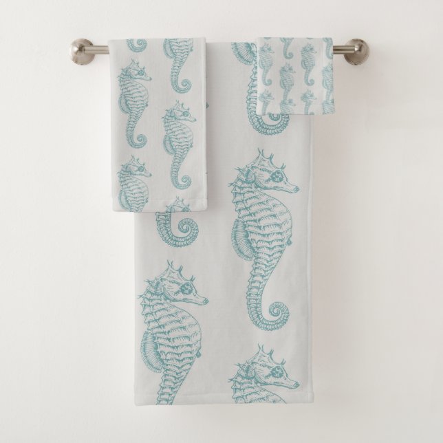 Tropical Seahorses, Seahorse Pattern - Blue Gray Bath Towel Set (Insitu)