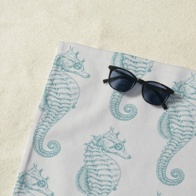 Tropical Seahorses, Seahorse Pattern - Blue Gray Beach Towel (In Situ)