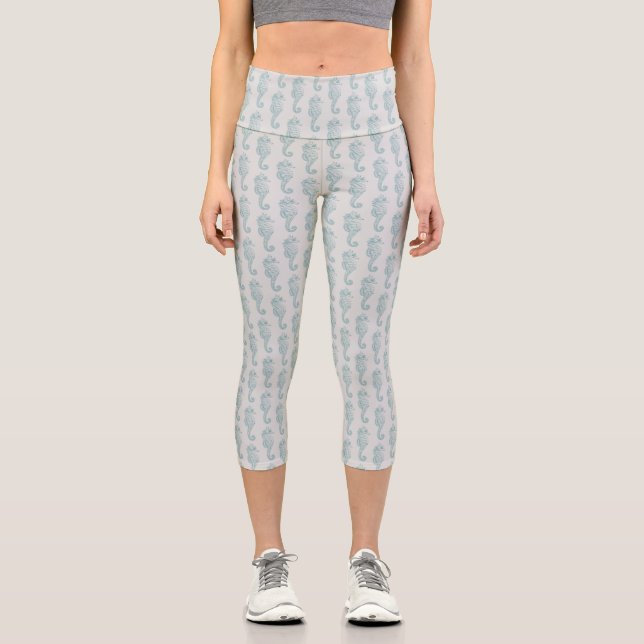 Tropical Seahorses, Seahorse Pattern - Blue Gray Capri Leggings (Front)