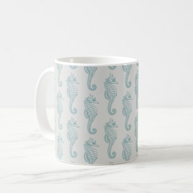 Tropical Seahorses, Seahorse Pattern - Blue Gray Coffee Mug (Front Left)