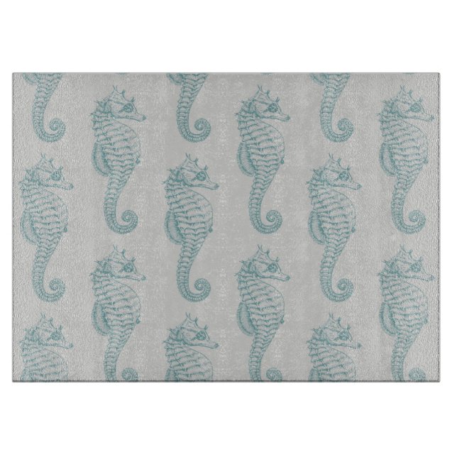 Tropical Seahorses, Seahorse Pattern - Blue Gray Cutting Board (Front)
