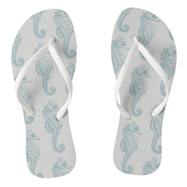 Tropical Seahorses, Seahorse Pattern - Blue Gray Flip Flops (Footbed)