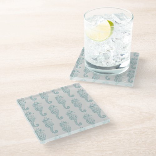 Tropical Seahorses Seahorse Pattern _ Blue Gray Glass Coaster