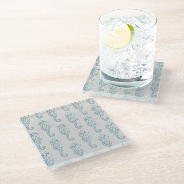 Tropical Seahorses, Seahorse Pattern - Blue Gray Glass Coaster (Angled)