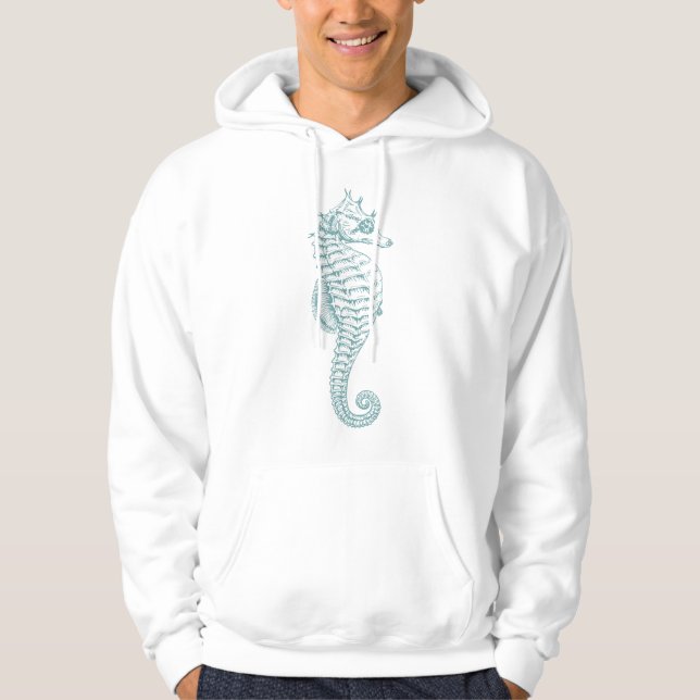 Tropical Seahorses, Seahorse Pattern - Blue Gray Hoodie (Front)