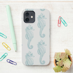 Tropical Seahorses, Seahorse Pattern - Blue Gray iPhone 12 Case