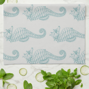 Tropical Seahorses, Seahorse Pattern - Blue Gray Kitchen Towel