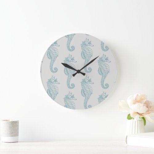 Tropical Seahorses Seahorse Pattern _ Blue Gray Large Clock