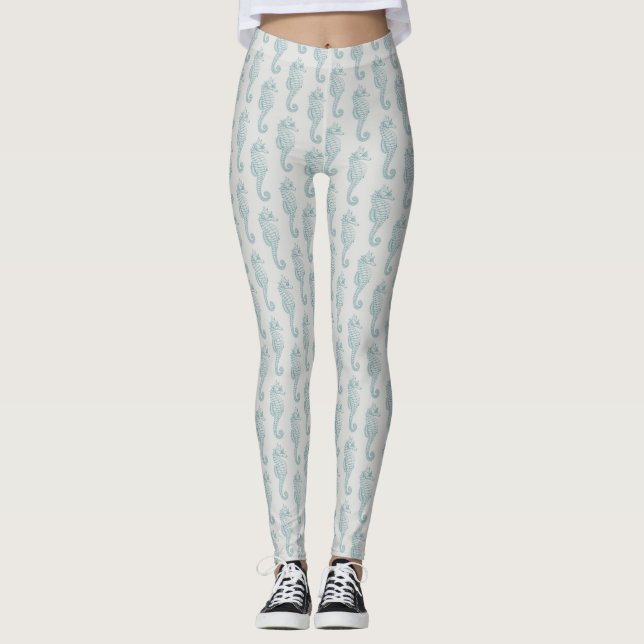 Tropical Seahorses, Seahorse Pattern - Blue Gray Leggings (Front)