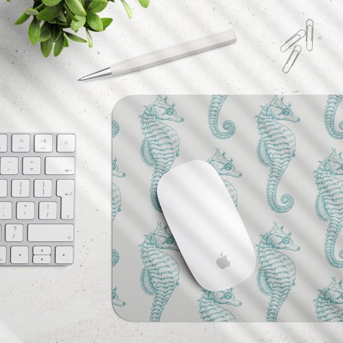 Tropical Seahorses Seahorse Pattern _ Blue Gray Mouse Pad