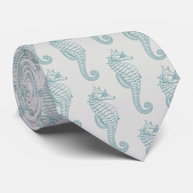 Tropical Seahorses, Seahorse Pattern - Blue Gray Neck Tie (Rolled)