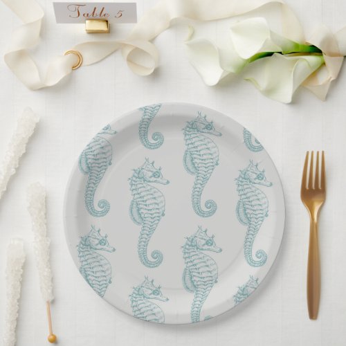 Tropical Seahorses Seahorse Pattern _ Blue Gray Paper Plates