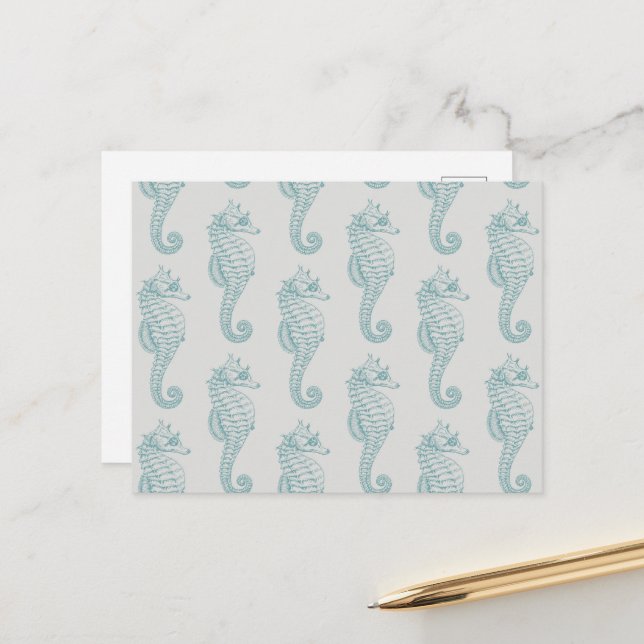 Tropical Seahorses, Seahorse Pattern - Blue Gray Postcard (Front/Back In Situ)