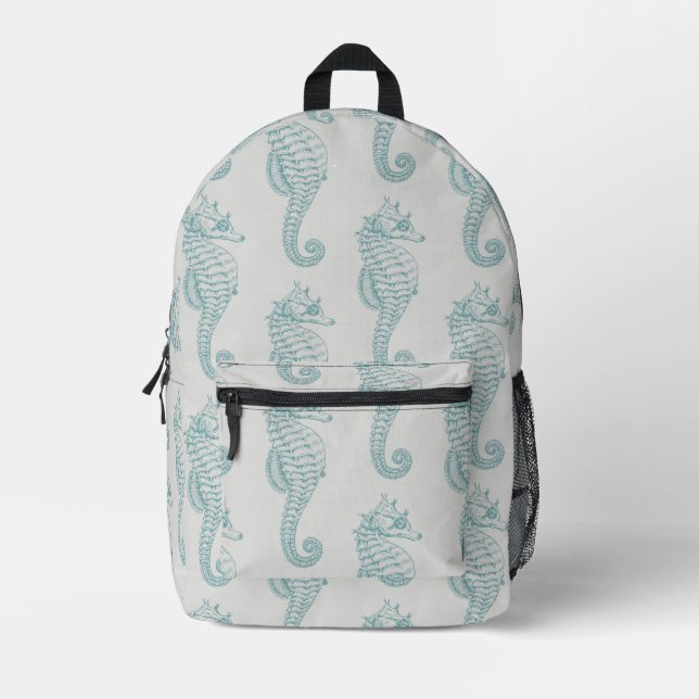 Tropical Seahorses, Seahorse Pattern - Blue Gray Printed Backpack (Front)