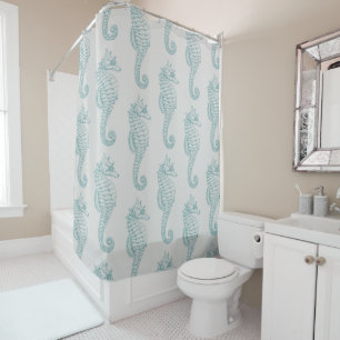 Tropical Seahorses, Seahorse Pattern - Blue Gray Shower Curtain
