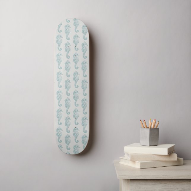 Tropical Seahorses, Seahorse Pattern - Blue Gray Skateboard (Wall Art)