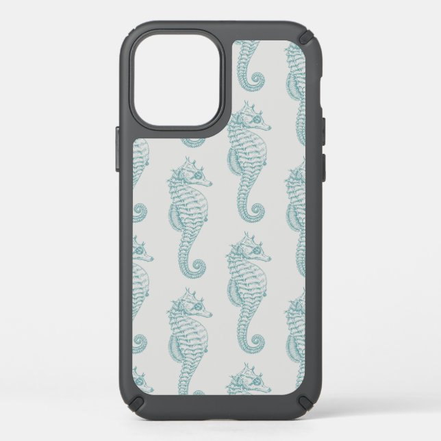 Tropical Seahorses, Seahorse Pattern - Blue Gray Speck iPhone 12 Case (Front)