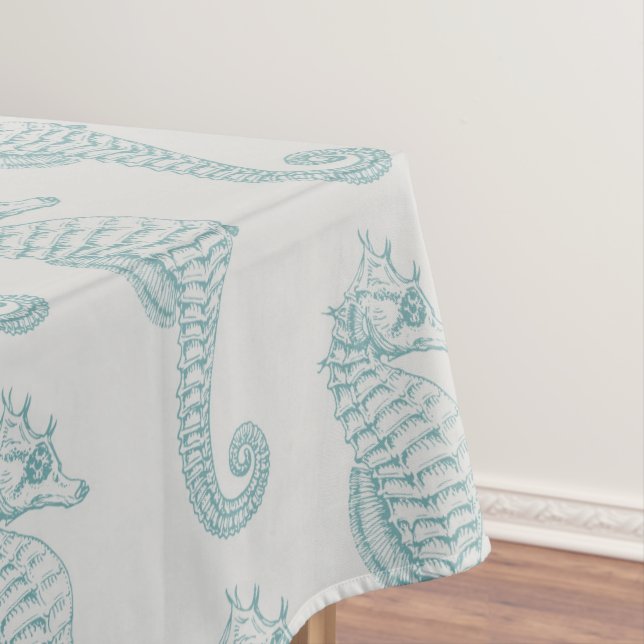 Tropical Seahorses, Seahorse Pattern - Blue Gray Tablecloth (In Situ)
