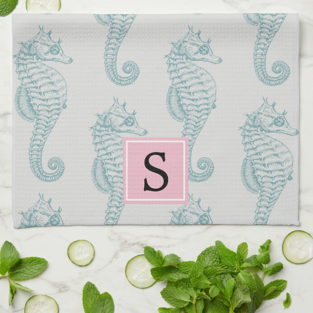 Tropical Seahorses, Seahorse Pattern, Monogram Kitchen Towel (Folded)