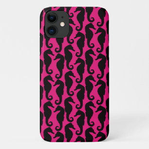 Tropical Seahorses, Seahorse Pattern - Pink Black iPhone 11 Case