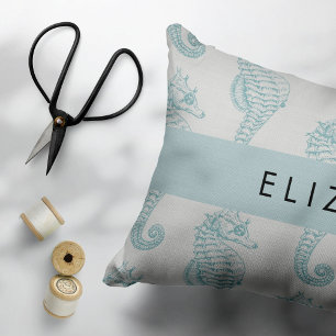 Tropical Seahorses, Seahorse Pattern, Your Name Accent Pillow