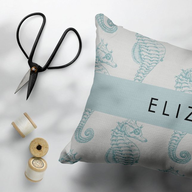 Tropical Seahorses, Seahorse Pattern, Your Name Accent Pillow (Creator Uploaded)
